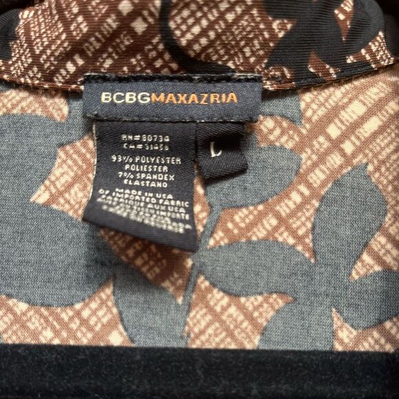 BcbgMaxAzria brown/black pattern long-sleeved collared v-neck blouse, Large - Picture 2 of 8